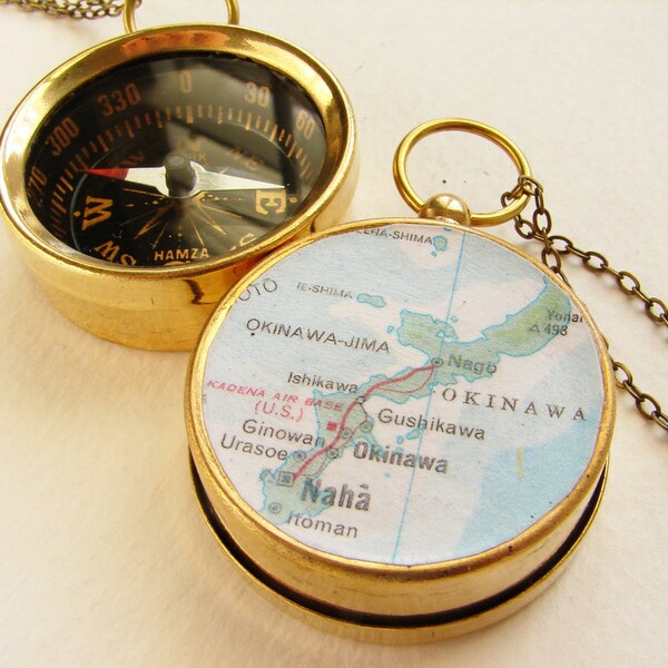 Personalized Map Compass keychain, custom city map, Okinawa Naha Japan, personalized map, man dude pocket chain keychain