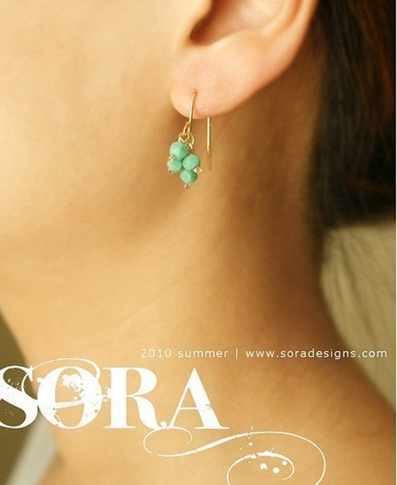 Teal clustered earrings, Vintage seafoam mint drop earrings, 14kt gold filled simple everyday drop earrings image 2