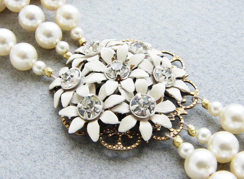Bridal Statement necklace, wedding jewelry, vintage enameled white flower clustered triple strand bridal wedding necklace image 4