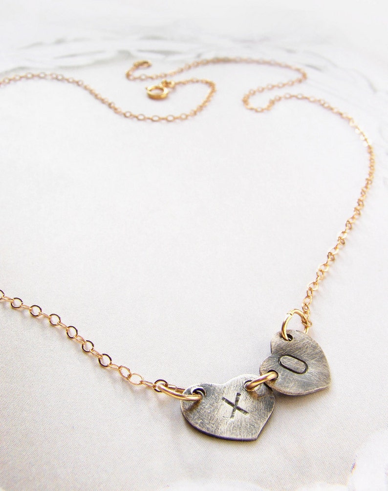 XOXO kiss hugs necklace, charm necklace, personalized initial heart charm, couple kids two initials necklace, xo necklace, heart jewelry image 3