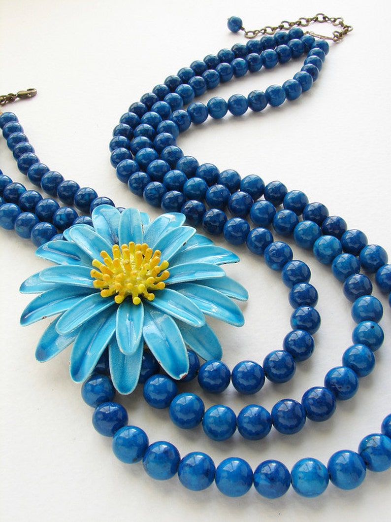 Blue Statement necklace, Beadwork, Vintage blue yellow daisy floral brooch, enamel flower statement beaded necklace image 5