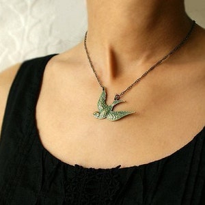 Bird Necklace, metal bird pendant, teal green patina, rustic bird necklace, teal green bird charm necklace image 4