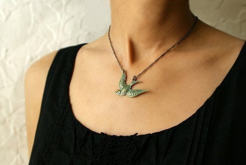 Bird Necklace, metal bird pendant, teal green patina, rustic bird necklace, teal green bird charm necklace image 4