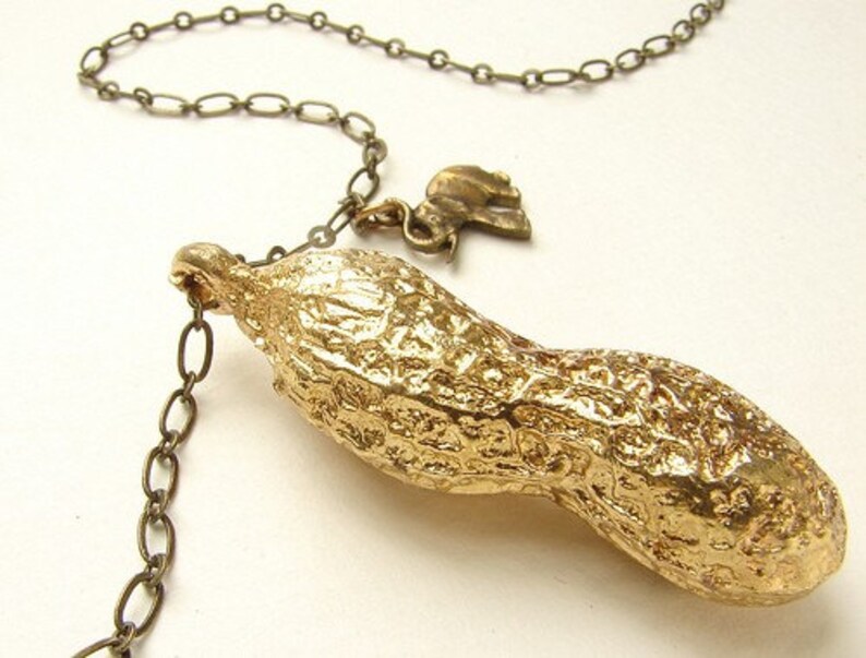 Circus Peanut Necklace, Brass jewelry life size peanut necklace in bronze and elephant charm, gold peanut necklace image 3