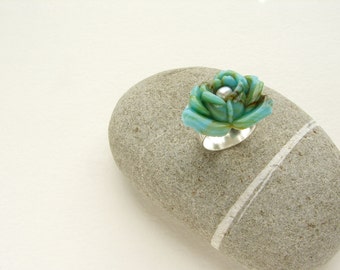 Vintage glass rose ring, seafoam marbled glass lotus cameo, cocktail ring, statement ring