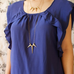 Statement necklace, Long spike statement necklace, gold spike geometric cylinder bead image 1