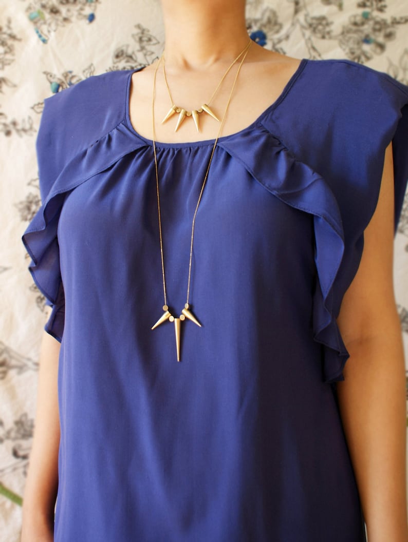 Statement necklace, Long spike statement necklace, gold spike geometric cylinder bead image 1