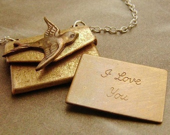 I Love You Locket Necklace, envelope locket necklace, i love you message bird locket, envelope necklace, envelope pendant