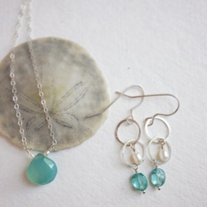 Bridesmaid jewelry, Aqua gemstone necklace set, seafoam aqua Chalcedony pearl sterling silver gemstone necklace image 1