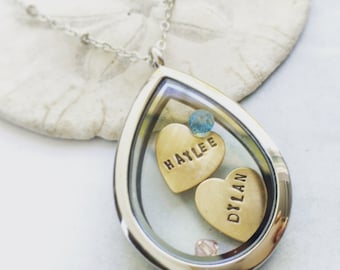 Custom name necklace, teardrop glass locket, floating locket, Personalized name necklace, gift for new mom, Mothers Day necklace