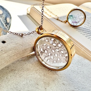May include: Gold-coloured pendant necklace featuring a clear, round locket displaying a detailed feather. The locket hangs from a delicate chain. A second, smaller pendant with iridescent stones is also visible. The necklace rests on an open book.