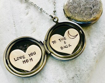 Love you Mom to Moon and Back locket necklace, Mothers day gift Personalized jewelry, Custom hand stamped Heart Locket necklace