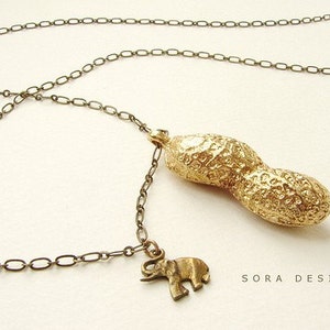 Circus Peanut Necklace, Brass jewelry life size peanut necklace in bronze and elephant charm, gold peanut necklace image 4