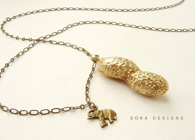 Circus Peanut Necklace, Brass jewelry life size peanut necklace in bronze and elephant charm, gold peanut necklace image 4