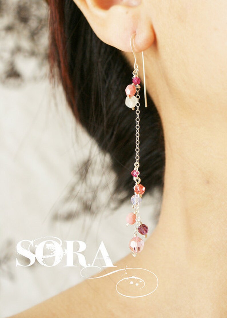 Pink cluster Drop earrings, bridal earrings, bridesmaid jewelry, clustered pink stones, wedding party custom color stones image 1