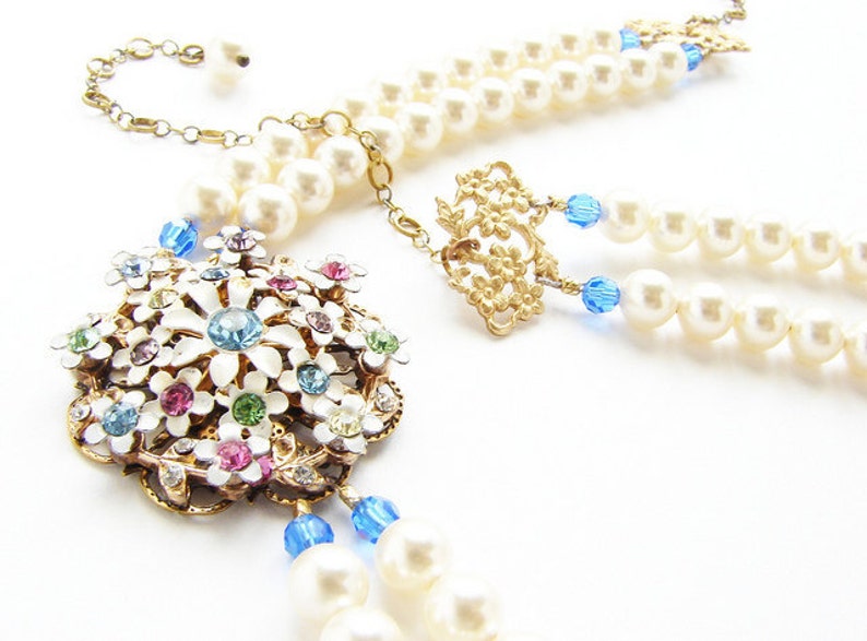 vintage crystal bridal necklace, something blue statement necklace, sugar candy pastel enamel flower brooch, bridal jewelry set image 2