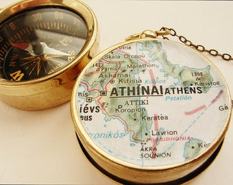 Personalized Map Compass Necklace, personalized Europe map Athens Greece, custom your city map, personalized anniversary gifts men guy dude