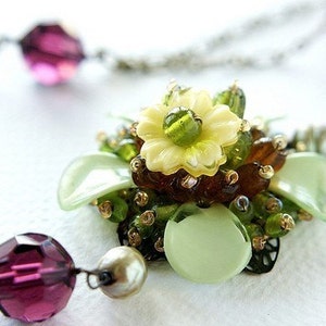 Flower Statement Necklace, purple grape ochre flower crystals pearls Flapper style long necklace image 1