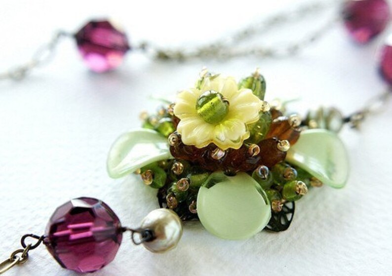 Flower Statement Necklace, purple grape ochre flower crystals pearls Flapper style long necklace image 1