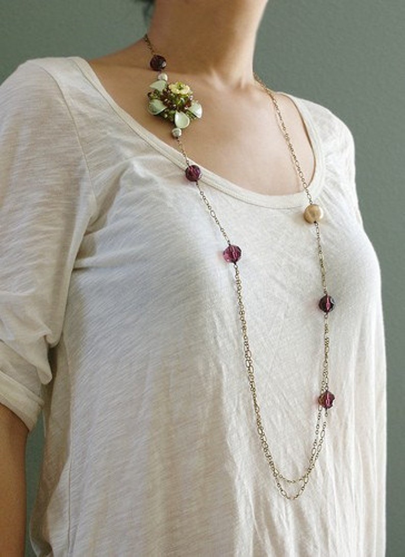 Flower Statement Necklace, purple grape ochre flower crystals pearls Flapper style long necklace image 2