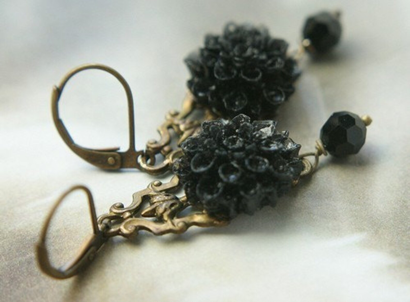 Black Flower Drop Earrings Jet Crystal Earrings Black Etsy