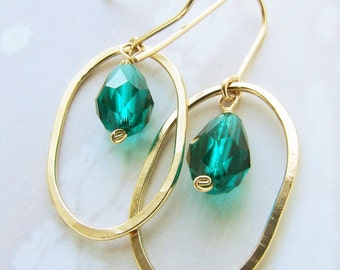 Emerald drop earrings, birthstone earrings, Swarovski teardrop 14kt gold filled hammered dangle, drop earrings