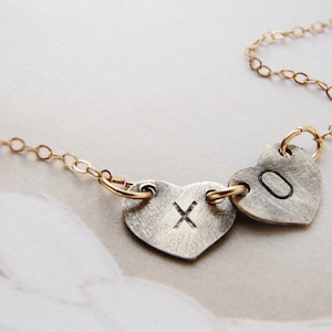 XOXO kiss hugs necklace, charm necklace, personalized initial heart charm, couple kids two initials necklace, xo necklace, heart jewelry image 1