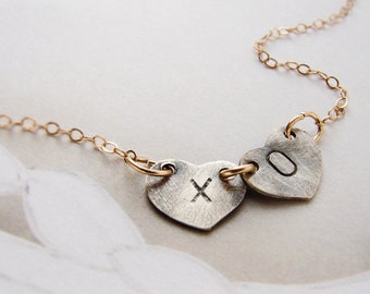 XOXO kiss hugs necklace, charm necklace, personalized initial heart charm, couple kids two initials necklace, xo necklace, heart jewelry