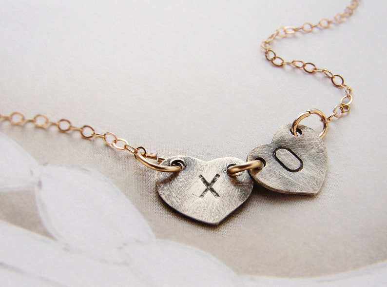 XOXO kiss hugs necklace, charm necklace, personalized initial heart charm, couple kids two initials necklace, xo necklace, heart jewelry image 1