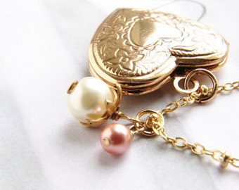 Heart locket necklace, bridesmaid jewelry, gold vintage locket peach pink pearl heart jewelry, bridesmaid gift