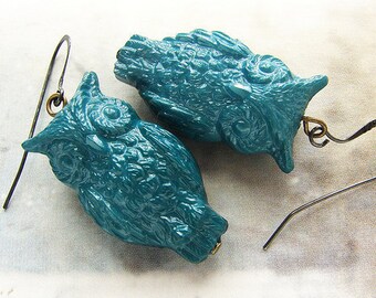 Teal Owl Dangle Earrings, vintage owl drop earrings, teal blue owl earrings