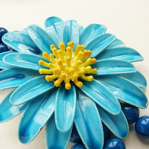 Blue Statement necklace, Beadwork, Vintage blue yellow daisy floral brooch, enamel flower statement beaded necklace image 4