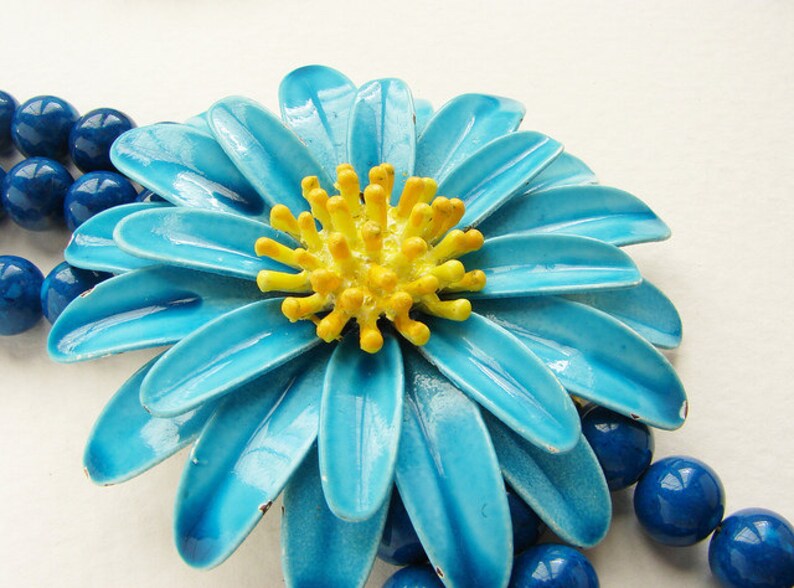 Blue Statement necklace, Beadwork, Vintage blue yellow daisy floral brooch, enamel flower statement beaded necklace image 4