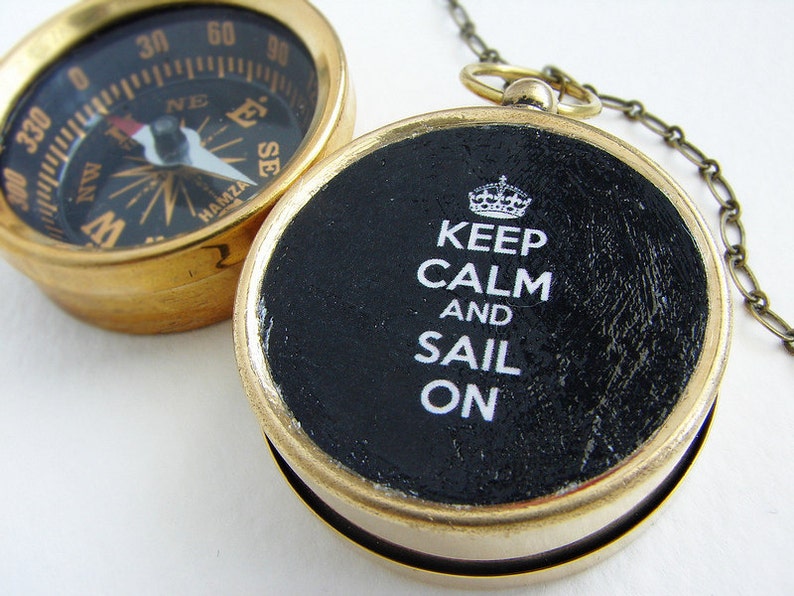 Keep Calm Sail On Compass Custom Compass keychain with Keep Calm Carry On, for him dude under 25 pocket chain keyring image 1