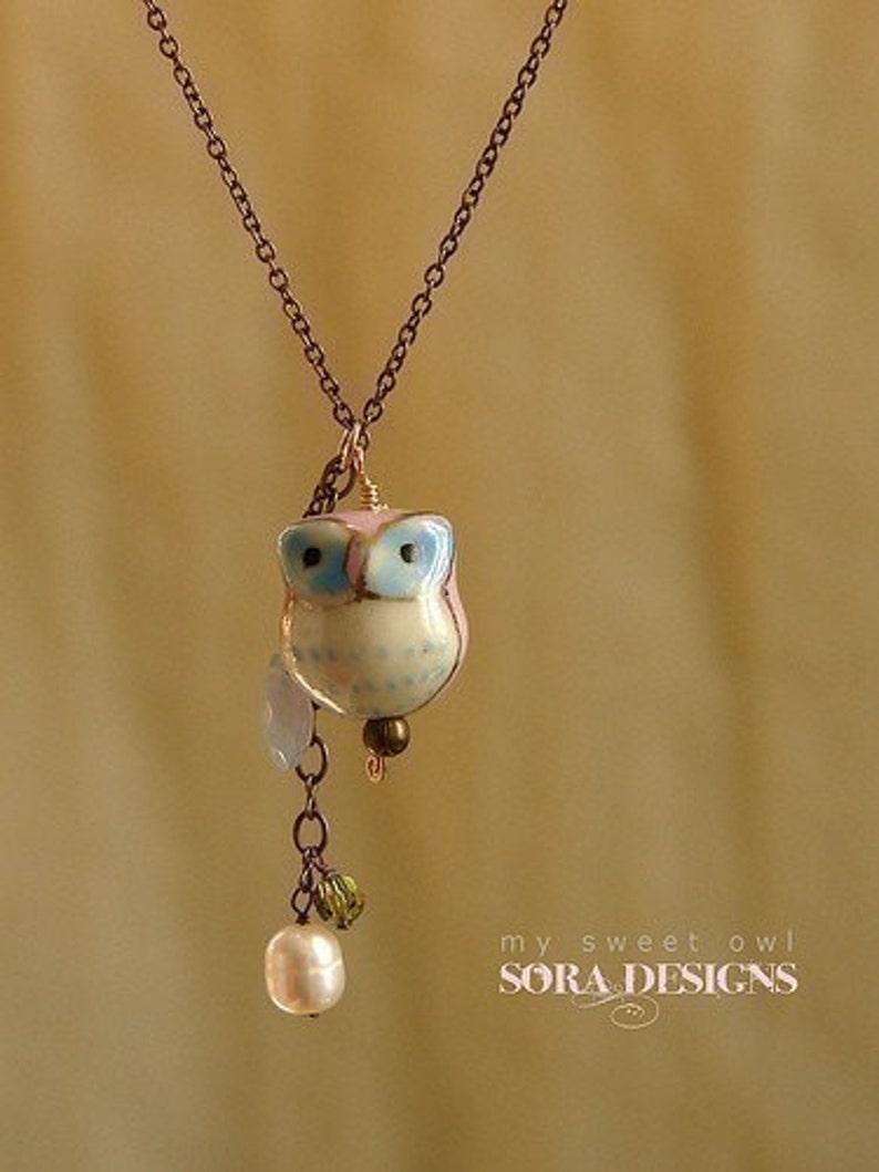 Tiny Owl Necklace, pink blue owl pendant necklace, blue chalcedony gemstone necklace pink owl necklace image 3