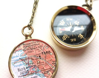 Map compass jewelry, Personalized Two Maps in one Compass Necklace, choose two maps, custom his hers anniversary gift wedding couple