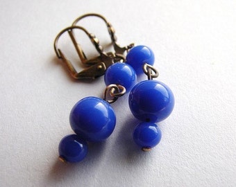 Navy blue drop earrings, Vintage royal blue glass earrings, midnight blue mod earrings