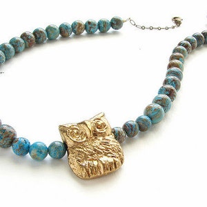 Rustic Owl necklace, earthy brown and turquoise blue jasper stones necklace, metal rustic owl necklace image 1