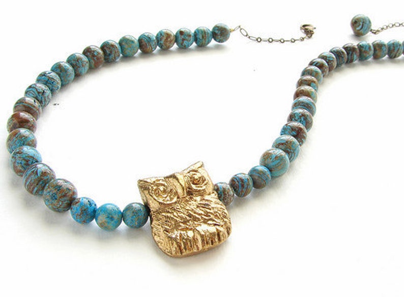 Rustic Owl necklace, earthy brown and turquoise blue jasper stones necklace, metal rustic owl necklace image 1