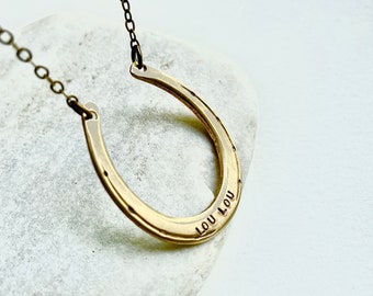 Horseshoe equestrian necklace, large horseshoe pendant, antiqued brass horseshoe charm necklace