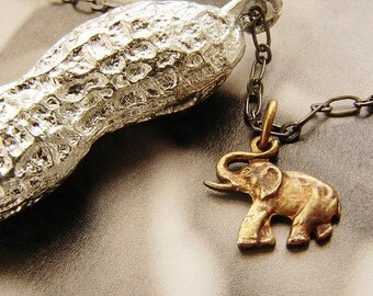 Circus Peanut Necklace - life size peanut in silver with elephant necklace, silver peanut necklace