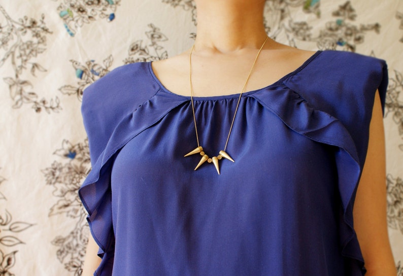 Statement necklace, Long spike statement necklace, gold spike geometric cylinder bead image 2