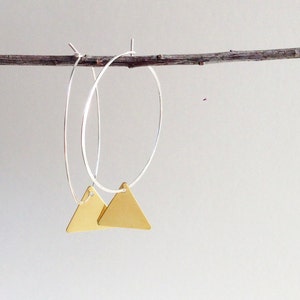 Sterling Silver Hoop Earrings: Gold Brass Triangle Dangle, 30mm