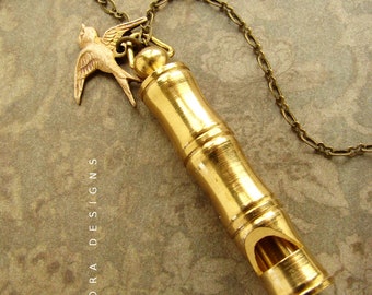 Bamboo whistle necklace, vintage whistle and bird necklace, long whistle necklace