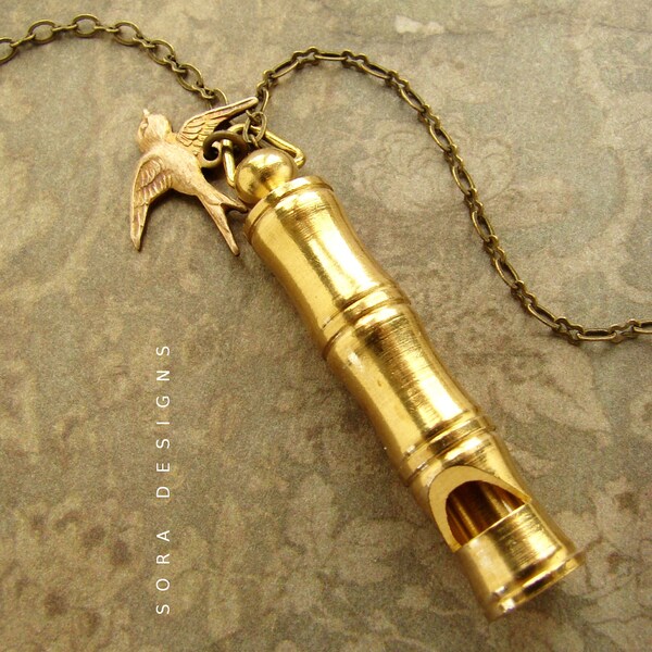 Bamboo whistle necklace, vintage whistle and bird necklace, long whistle necklace