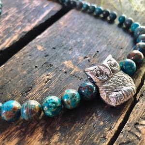 Rustic Owl necklace, earthy brown and turquoise blue jasper stones necklace, metal rustic owl necklace image 7