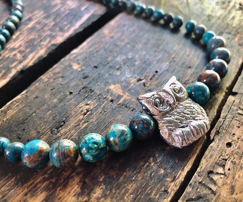 Rustic Owl necklace, earthy brown and turquoise blue jasper stones necklace, metal rustic owl necklace image 7