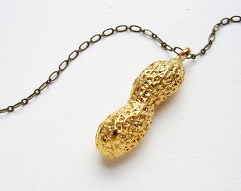 Gold Peanut necklace, peanut pendant, life size gilded gold peanut long necklace