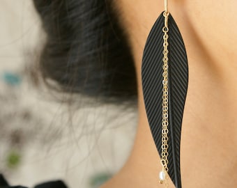 Black Metal Feather Earrings, Drop earrings, Statement earrings, 14kt gold filled chain tassel rice pearls cascade earrings