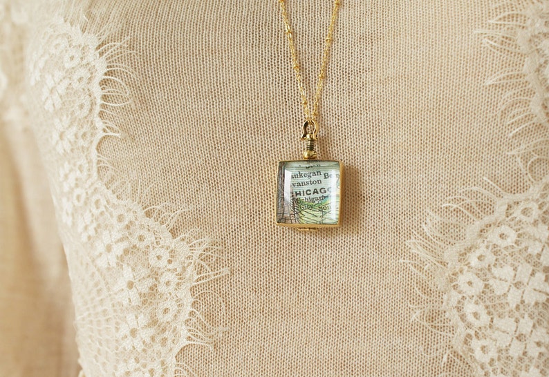 Beveled Square Glass locket pendant, personalized jewelry, Personalized gift square glass locket, custom map locket, gift for her image 4